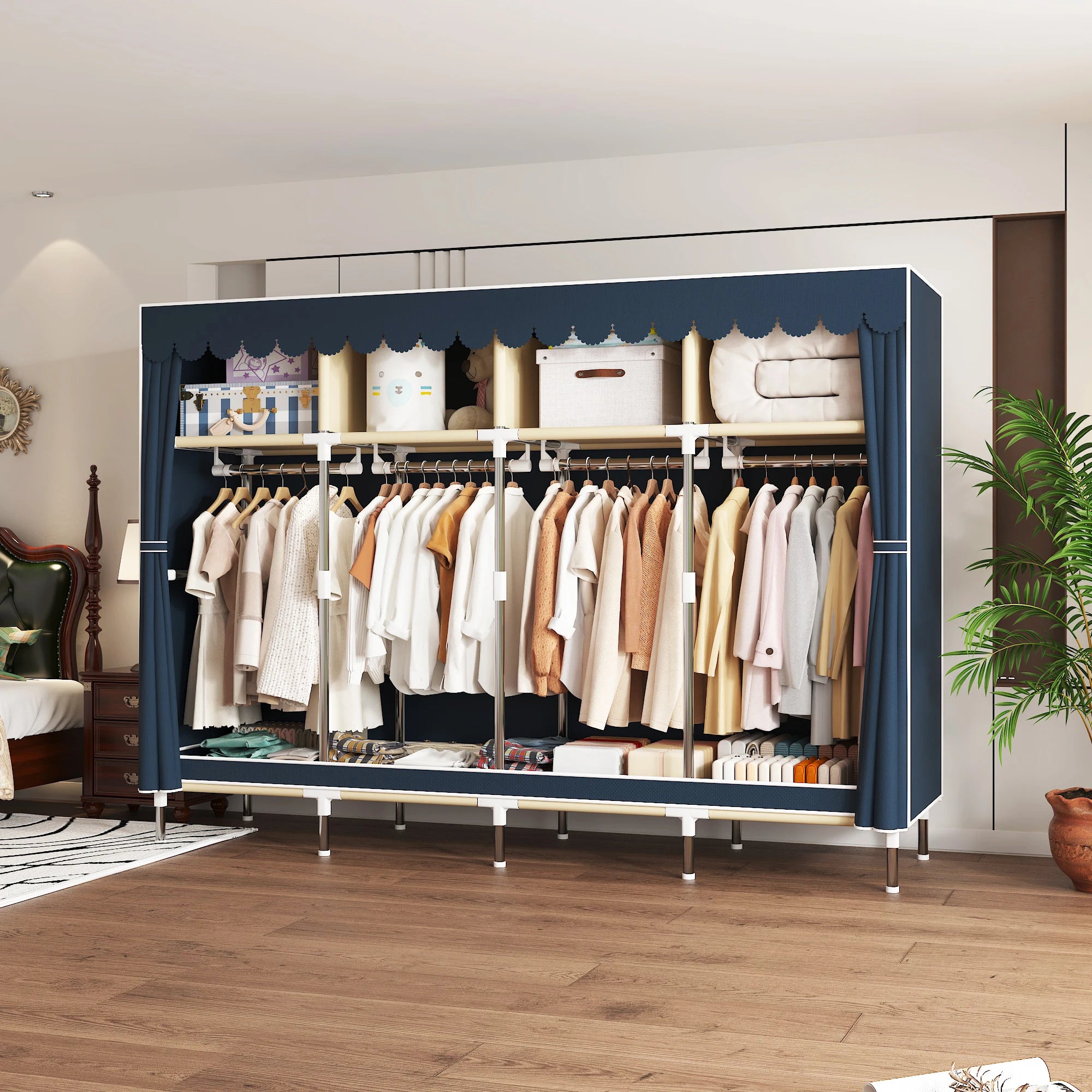 Heavy Duty Fabric Wardrobe 78.7x17.7x66.9in - 4 Hanging Rods & 4 Storage Spaces, 16mm Metal Frame with Thick Dust Cover