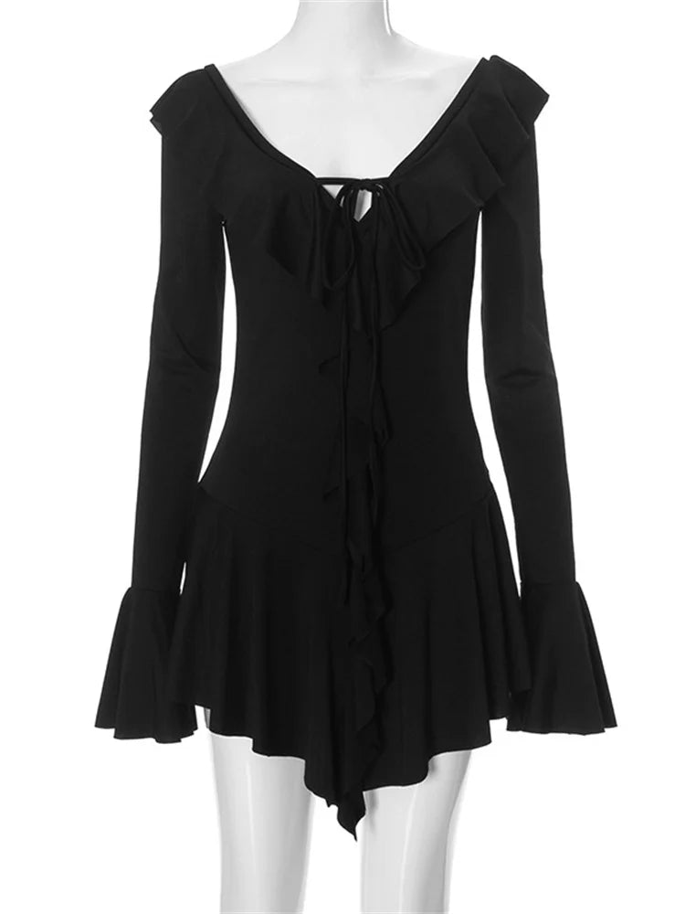 Tossy Ruffled Lace-Up White Mini Dress Women's V-Neck Patchwork Long Sleeve Sexy Slim Dress Bandage Elegant Female Summer Dress - Smarsty