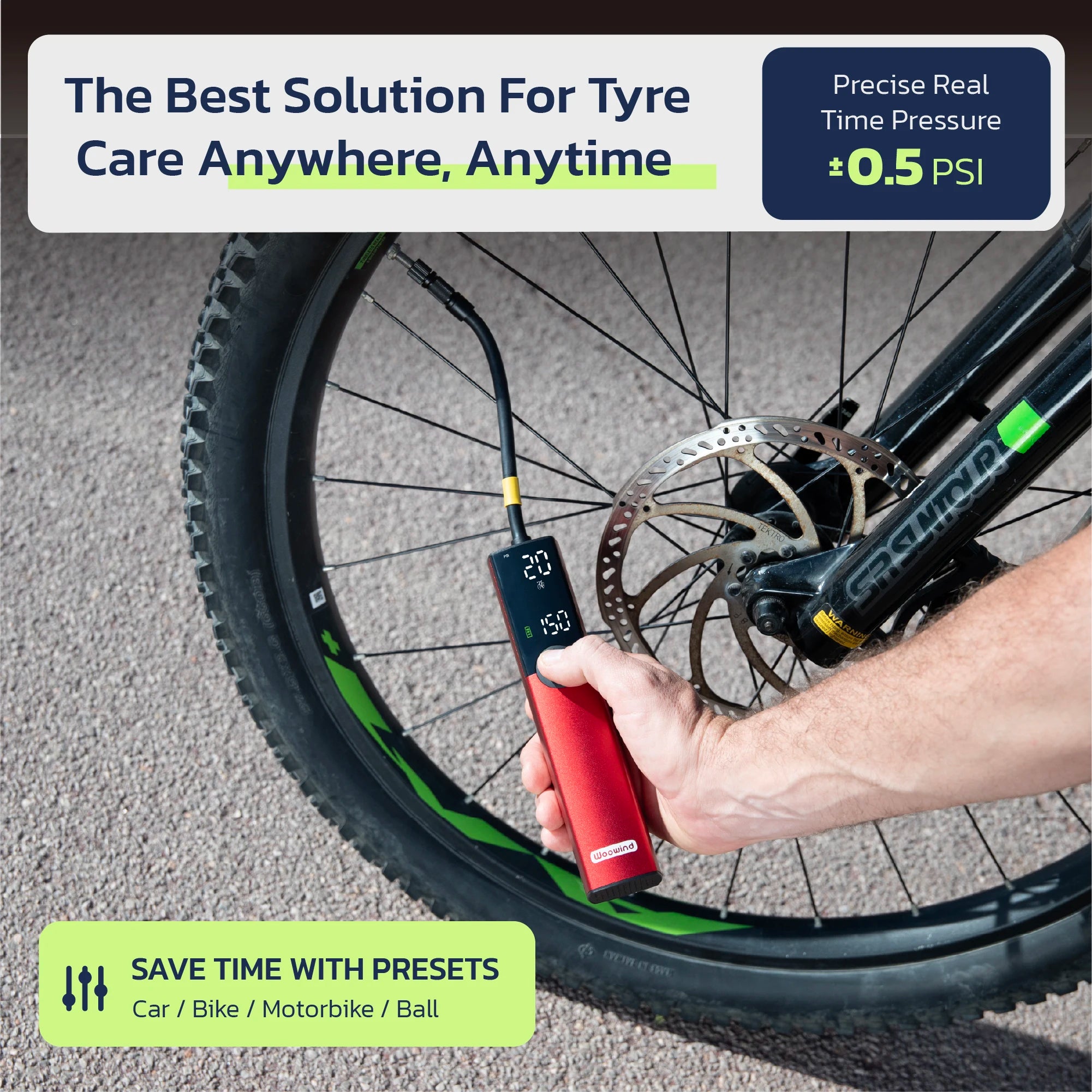 Woowind BP188 Bike Pump The Pro Electric Bicycle Pump Tire Inflator Portable Air Compressor - 150 PSI