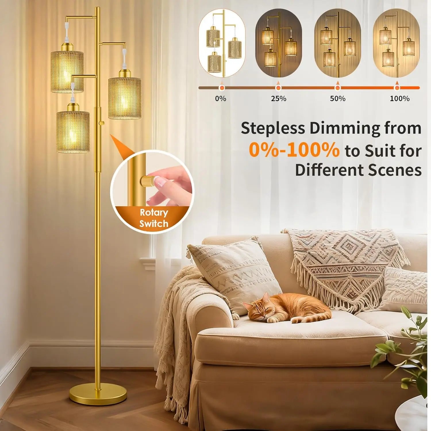 all Dimmable Rattan Floor Lamp with Beige Shade, Industrial Tree Design for Living Room, Bedroom, Office - Includes 3 LED Bulbs