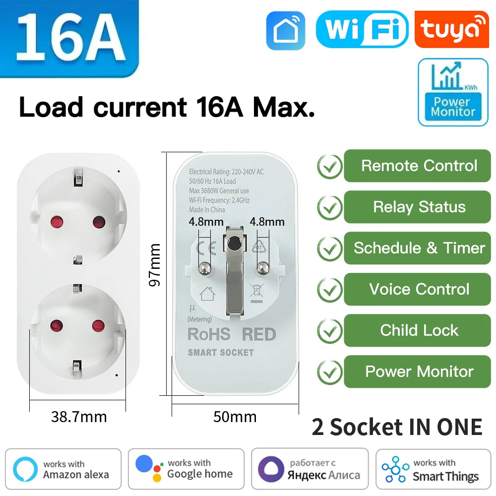 TNCE TUYA Smart Plug WiFi or Zigbee3.0 Socket EU 16A/20A Power Monitor Timing Function Voice Control Work With Alexa Google Home - Smarsty