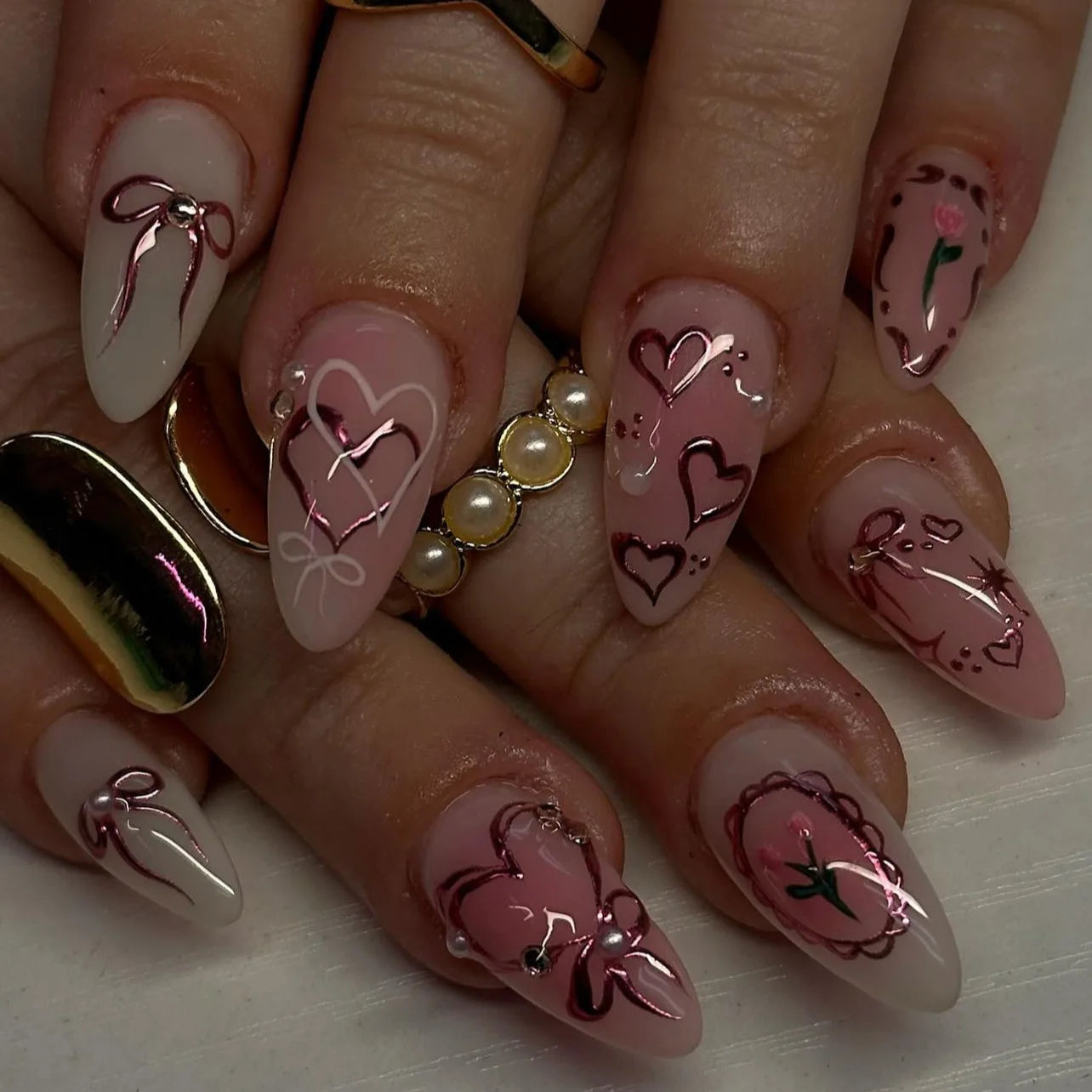 24 Piece Pink Almond Fake Nail Set With Bowknot Design - Smarsty