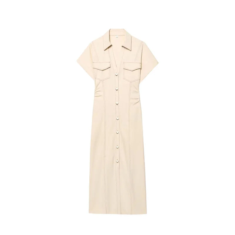 ETJ 2025 Spring New 1975 series denim MIDI dress with lapel side zipper fashion wrinkle waist slim elegant dress