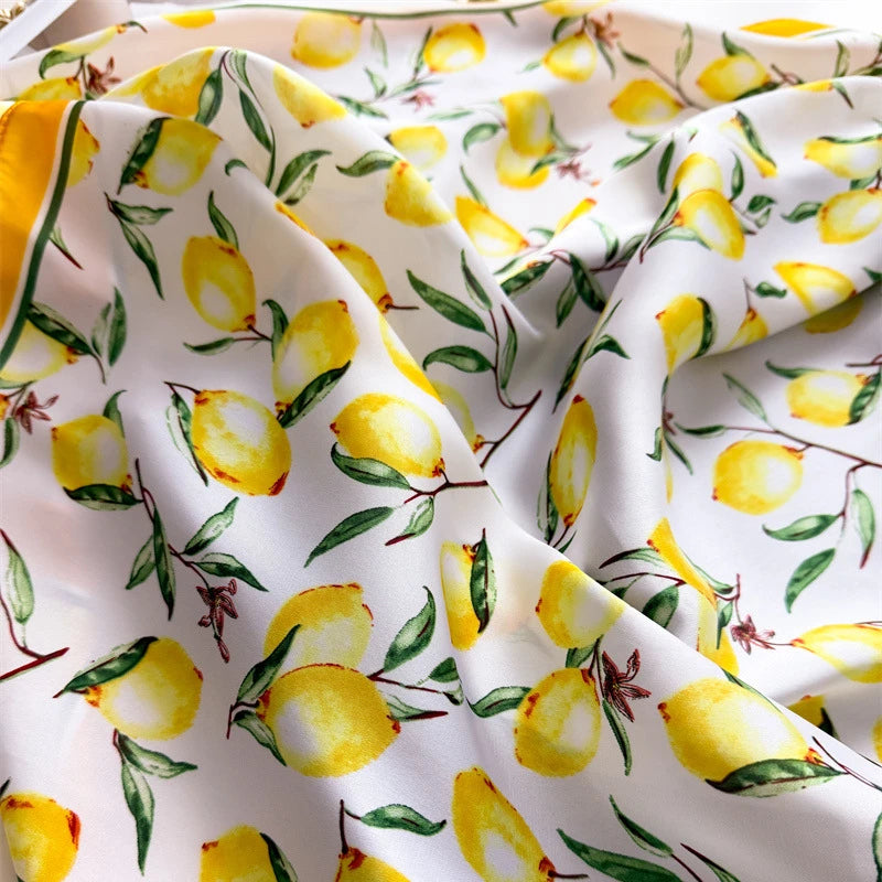 Summer Satin Neck Scarf for Women with Bright Lemon Print - Smarsty