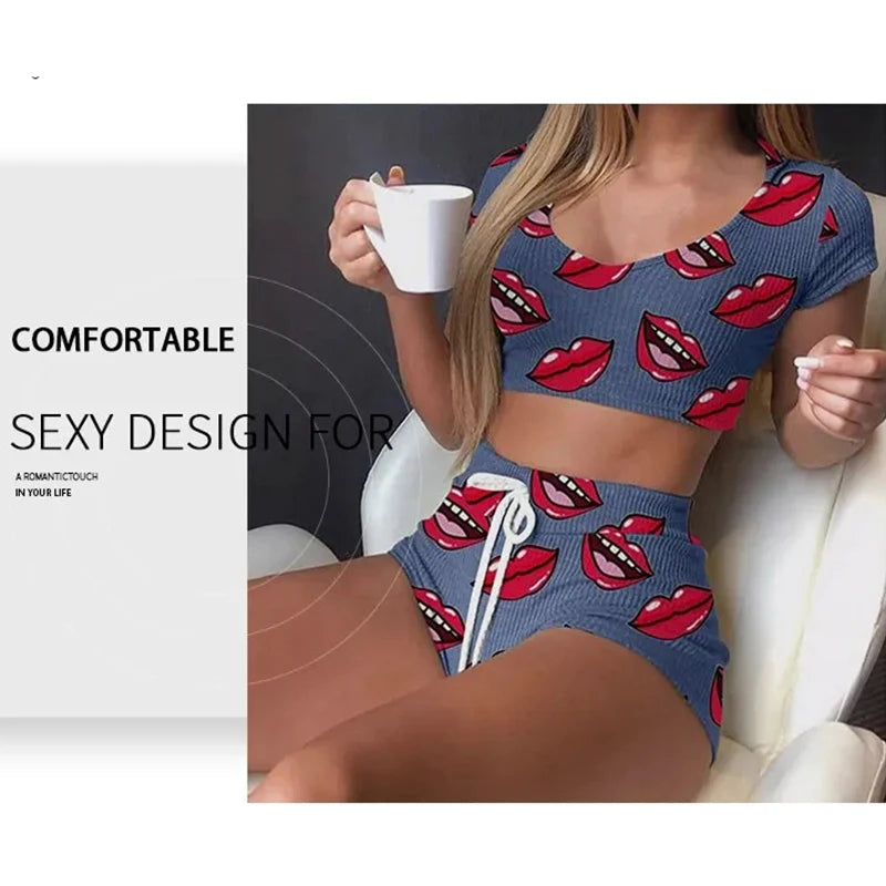 Summer Short Sexy Casual Lips Print Female Sleepwear Suit Pajamas Top+Pants Skinng Women Homewear Underwear - Smarsty