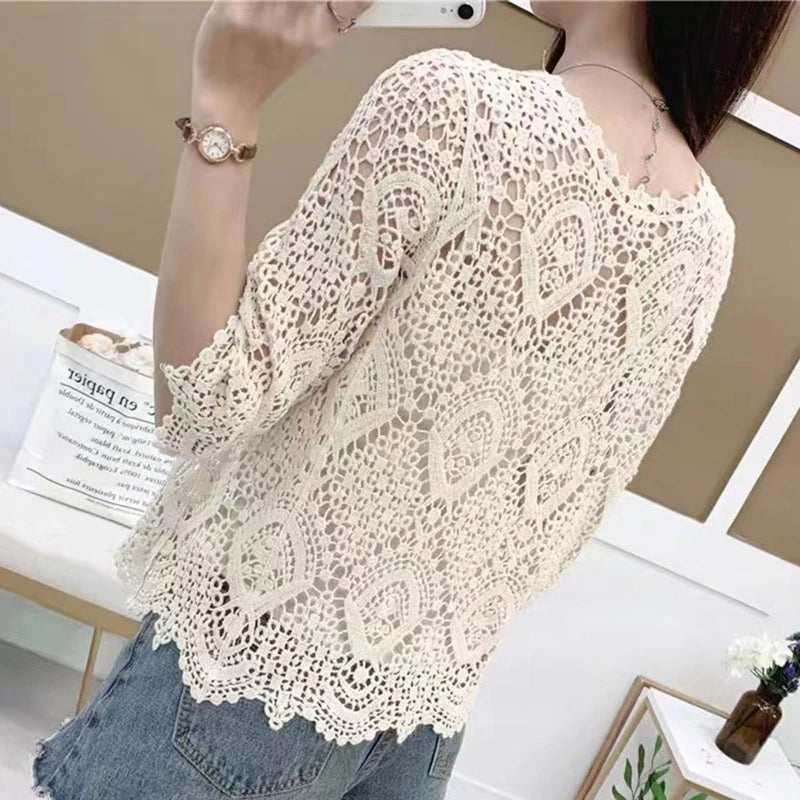 Women Knitted Lace Shrug Boho Hollow Crochet Floral 3/4 Sleeves Open Front Cropped Cardigan Elegant Mesh Sweater Coveup - Smarsty