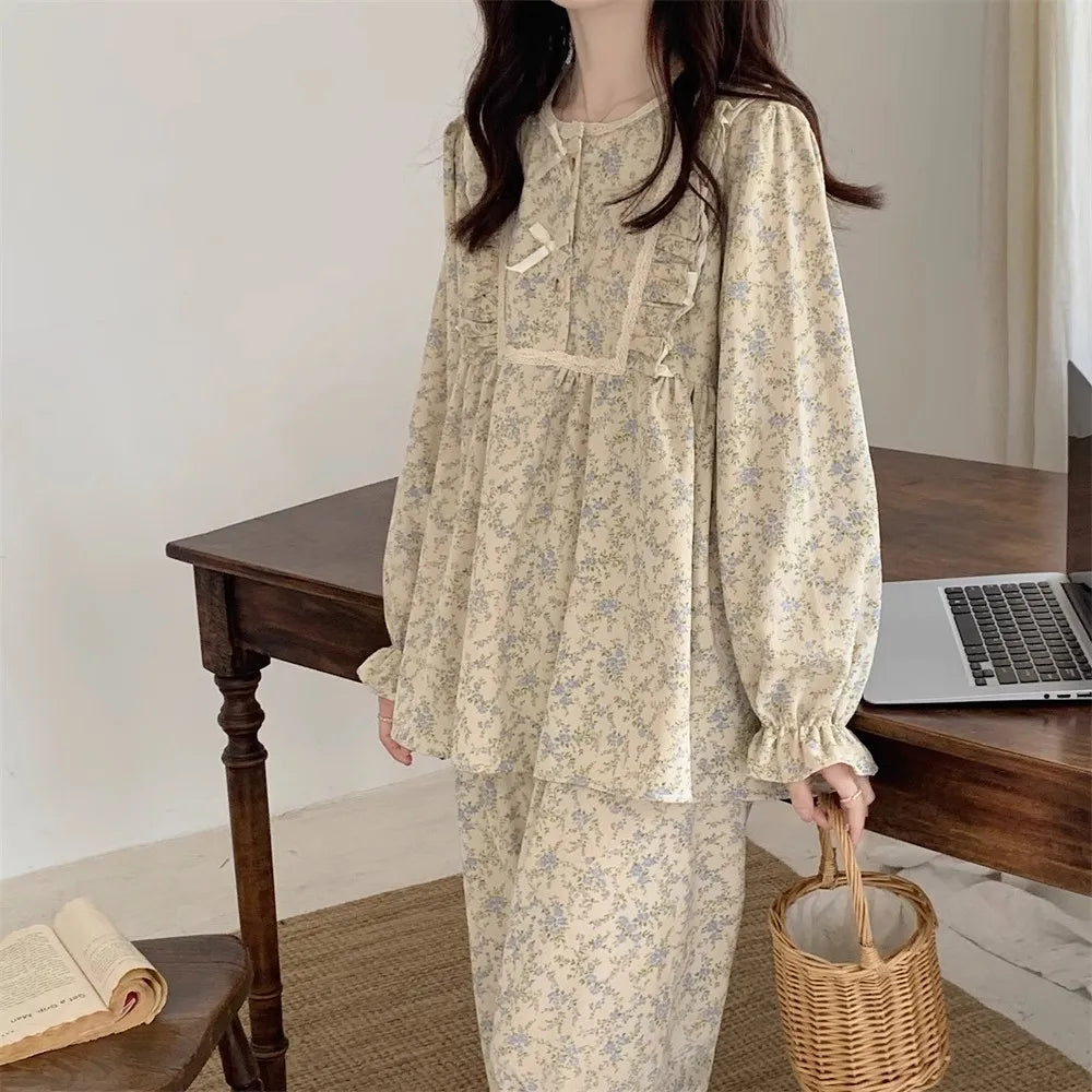 Women Plus Size Pajamas Garden Style Student Homewear Two-Piece Korean Version of the Bow Can Be Worn Outside Long-Sleeved women - Smarsty