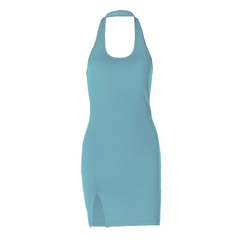 Halter Dress Seveless Backless Side Slit Neck-mounted Mini Dresses Knitted Sheath Streetwear 2024 Summer Woman Clothing Y2K 2406 - Smarsty