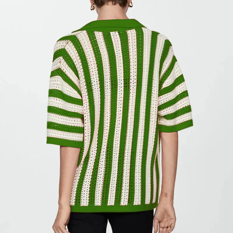 Striped Lapel Cardigan Women's Spring Summer 2025 New Button Knitted Contrast Short-sleeved Cardigan Street Women's Clothing - Smarsty