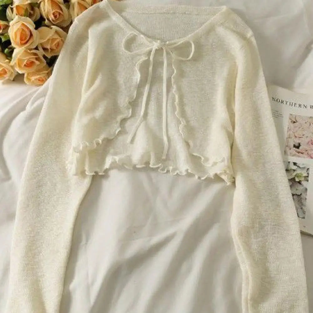 Summer Women Thin Sunscreen Cardigan Lace-up Knitwear Tops Female Korean Style Lantern Sleeve Short Coat Casual Sun Protected - Smarsty