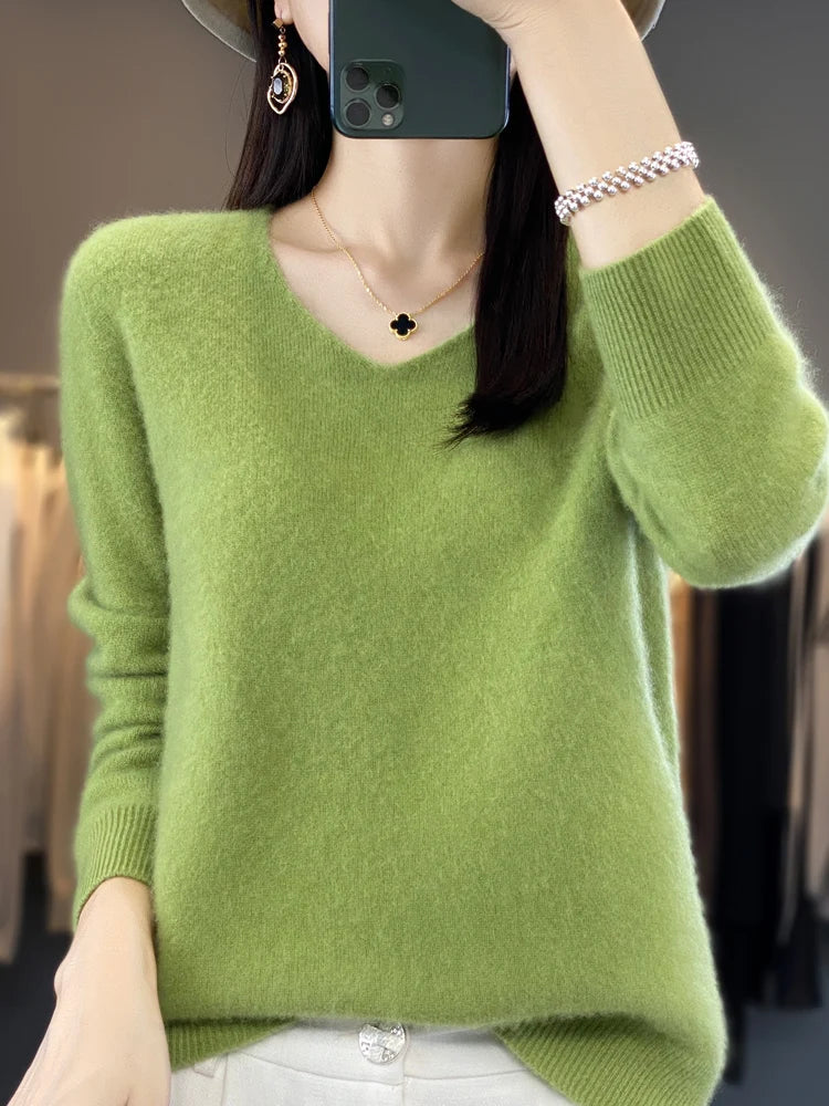 Fashion100% Merino Wool Sweater Cashmere Pullover Women Knitwear V-Neck Long Sleeve Autumn Winter Fashion Basic Clothing Tops - Smarsty
