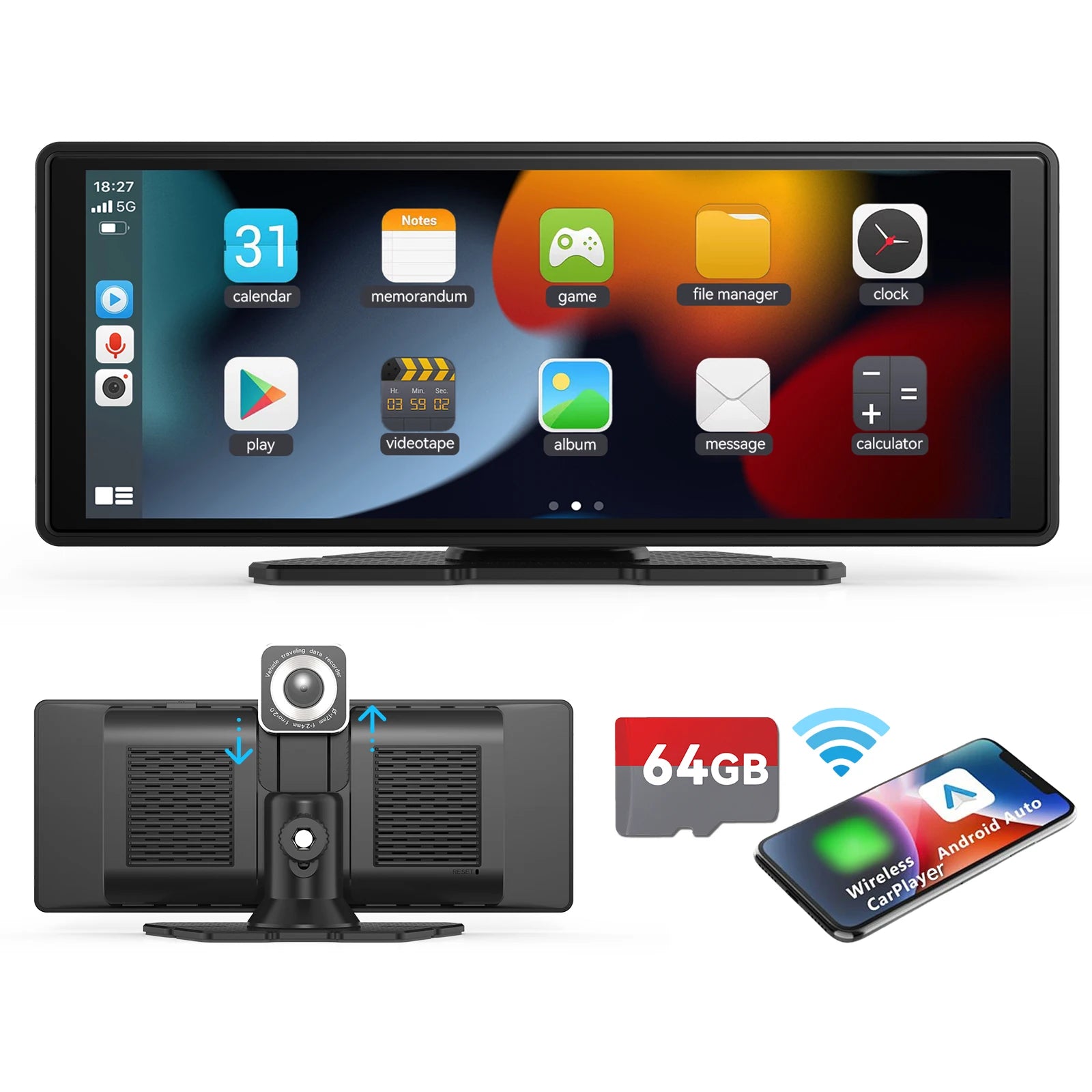 Portable Wireless Carplay Car Stereo, 10.26" inch HD Touchscreen for Car with CarPlay & Android Auto with Mirror Link/Backup Cam - Smarsty