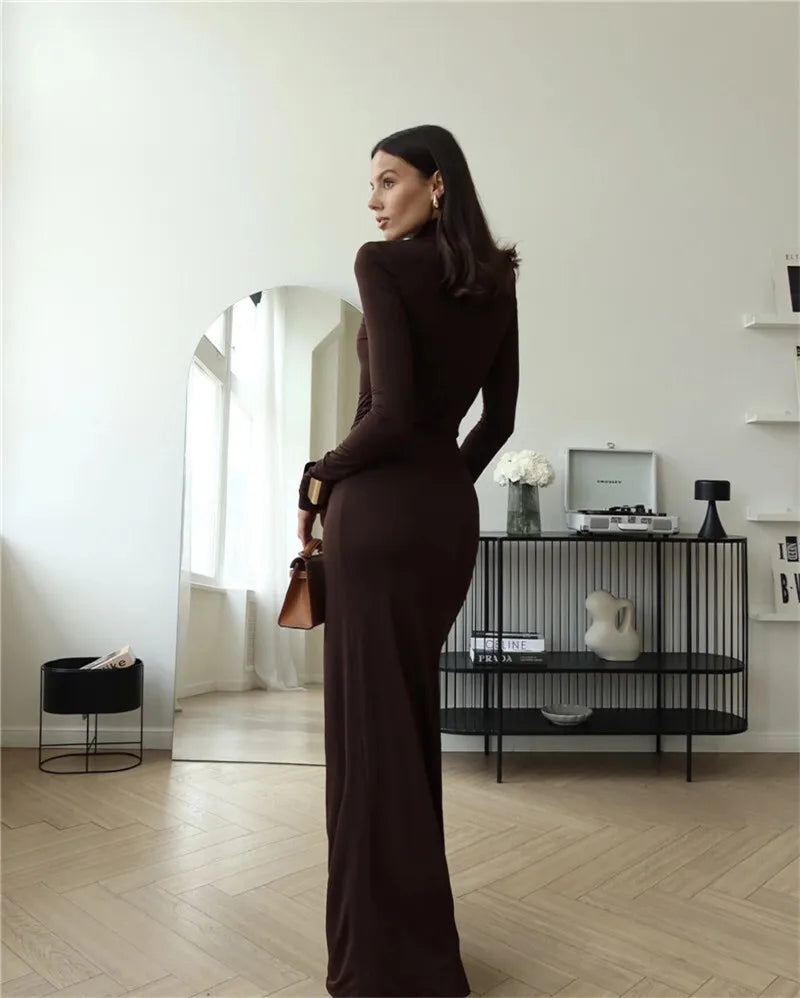 Mozision Turtleneck Thigh High Split Sexy Maxi Dress For Women Fashion Long Sleeve Draped Bandage Bodycon Club Long Dress - Smarsty