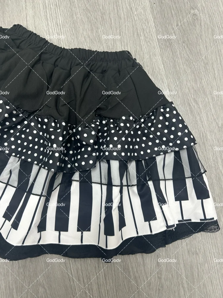 Spring Black White Spliced Women Short Skirt 2025 Y2k Slim Design Harajuku Mini Skirt Female Empire Korea Style Chic Piano Skirt - Smarsty