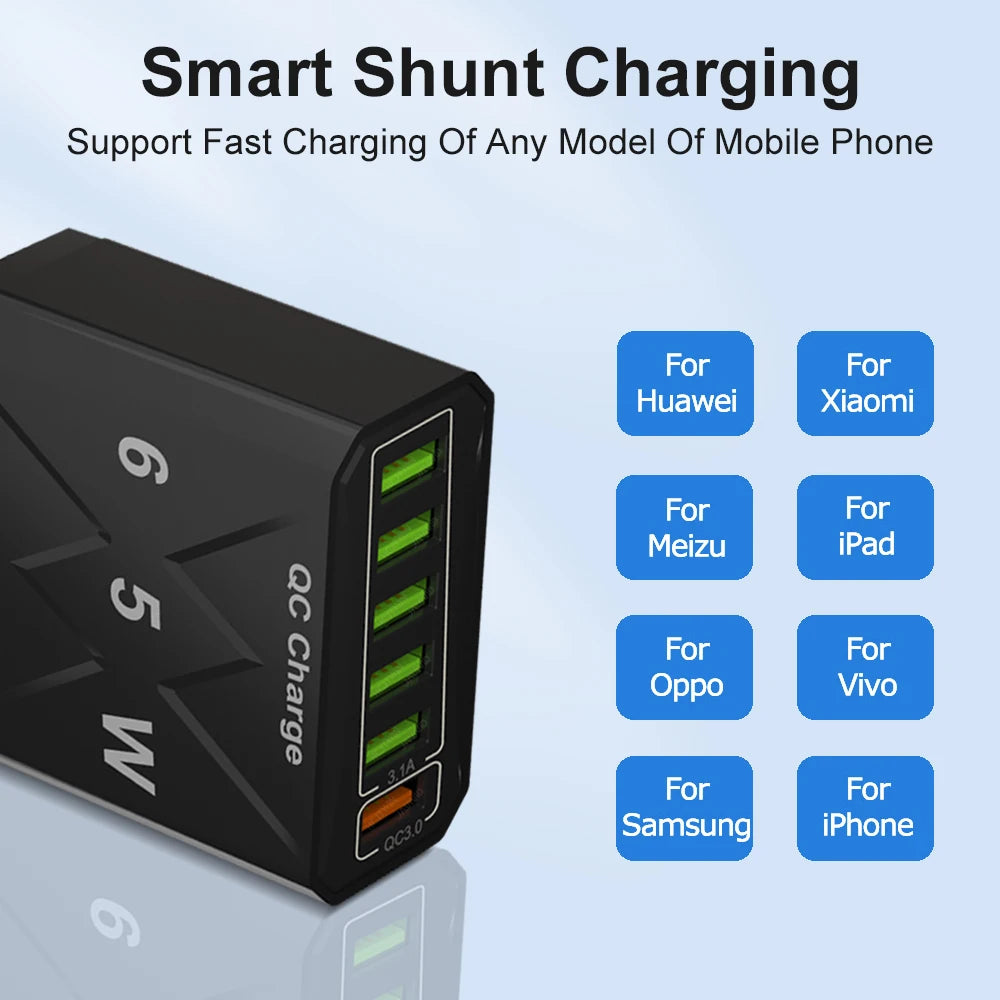 65W 6 Port USB Charger Fast USB QC3.0 Travel Adapter - Smarsty