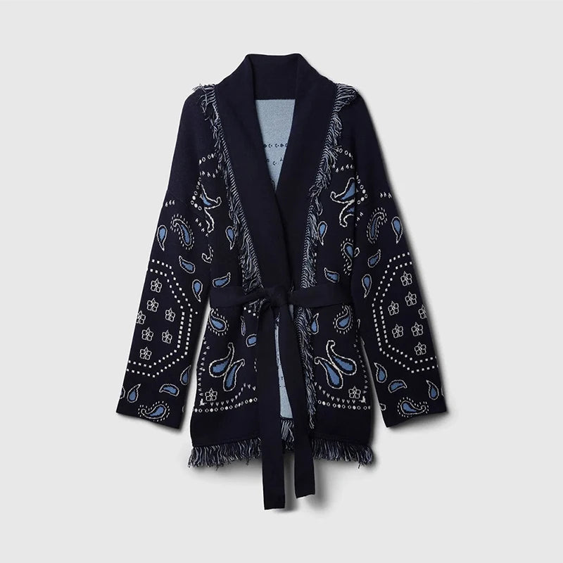 Tassel Patchwork Printed Cardigan Women Geometric Patterns Belts V-neck Long Sleeve Knitted Street Lady Sweater 2025 Autumn Coat - Smarsty