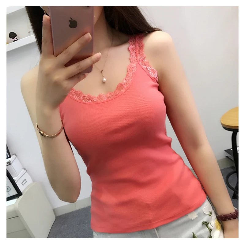 Black Tops Summer Sleeveless Women Tank Top With Lace Top Red Inside Wear Lace Camisoles Loose Underwear Womens Clothing Vest - Smarsty