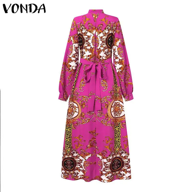 VONDA Maxi Dress 2024 Summer Women Bohemian Printed Party Sundress Long Sleeve Stand Collar Casual Robe Holiday Vestidos Belted - Smarsty