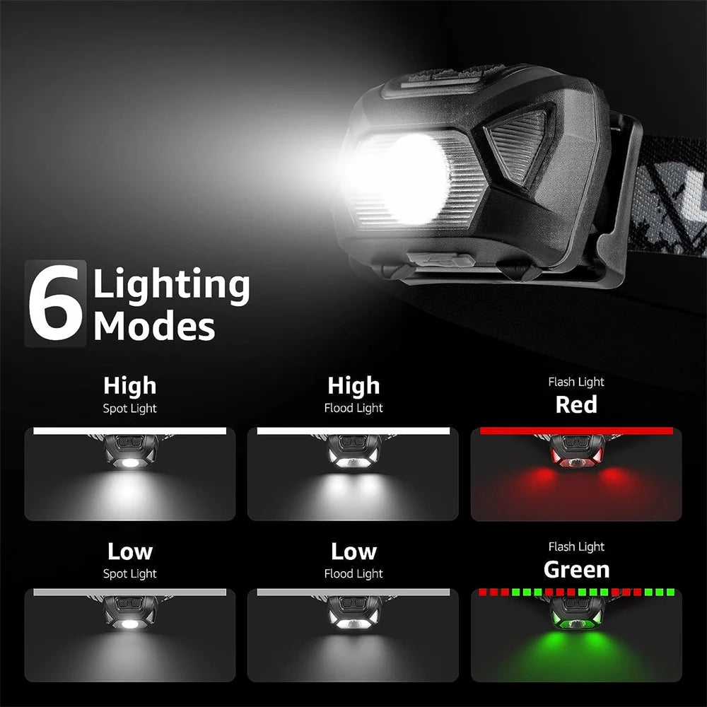 6 Modes Usb Rechargeable Headlamp IPX4 Waterproof Headlight Flashlights LED Head Lamp With Red Green Light For Outdoor Fishing by Smarsty