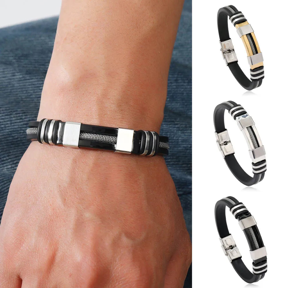 Mens Stainless Steel Leather Bracelet Handmade Hiphop Accessory - Smarsty