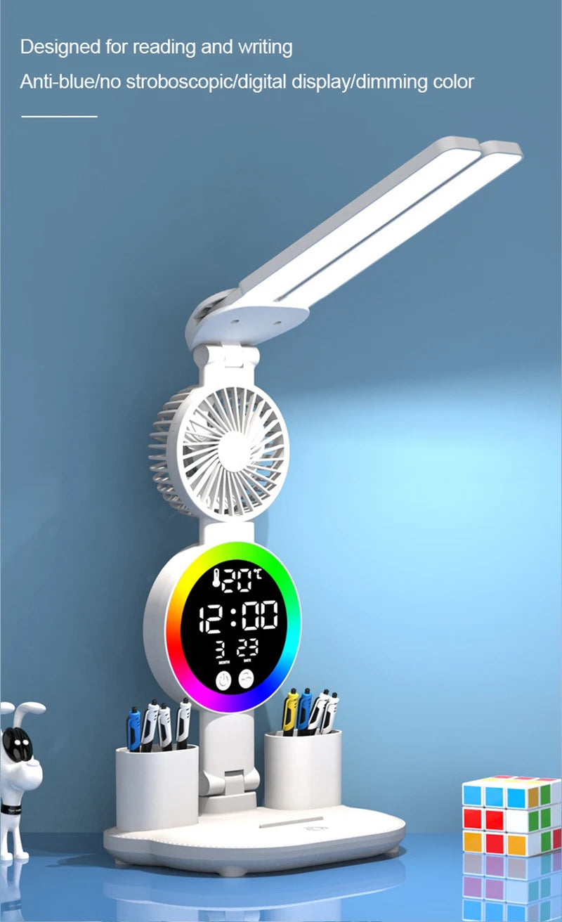 Rechargeable LED Table Lamp with Fan and Clock - Smarsty