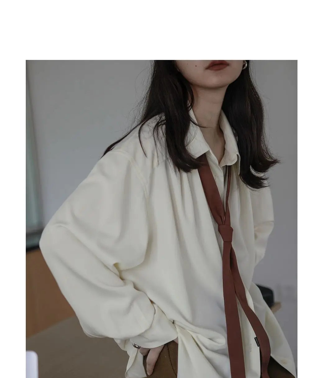 2025 Summer Minimalist Long Sleeve Button Up Shirt Women Korean Style Solid Tie Oversize Shirts Blouse Loose Clothes Autumn Tops - Smarsty