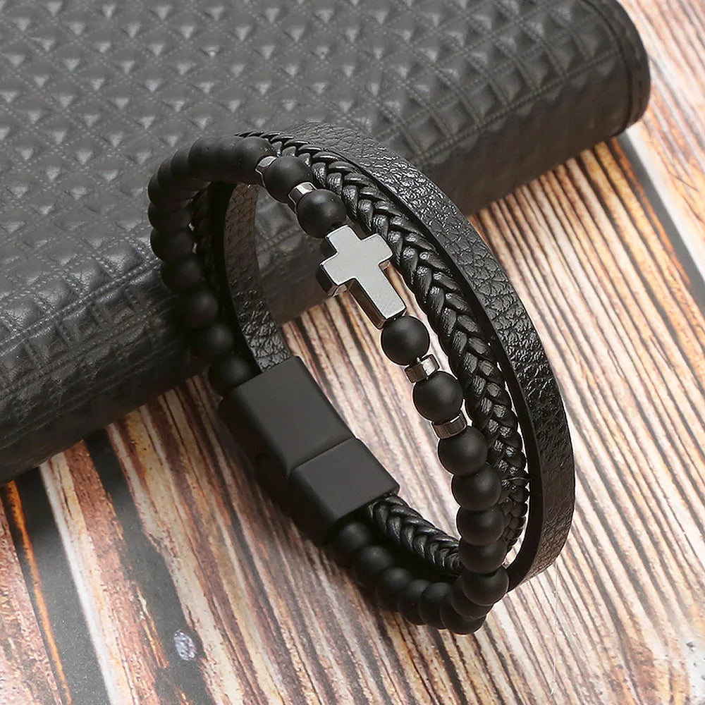Men Leather Bracelet with Tiger Eye Beads Stylish Gift - Smarsty