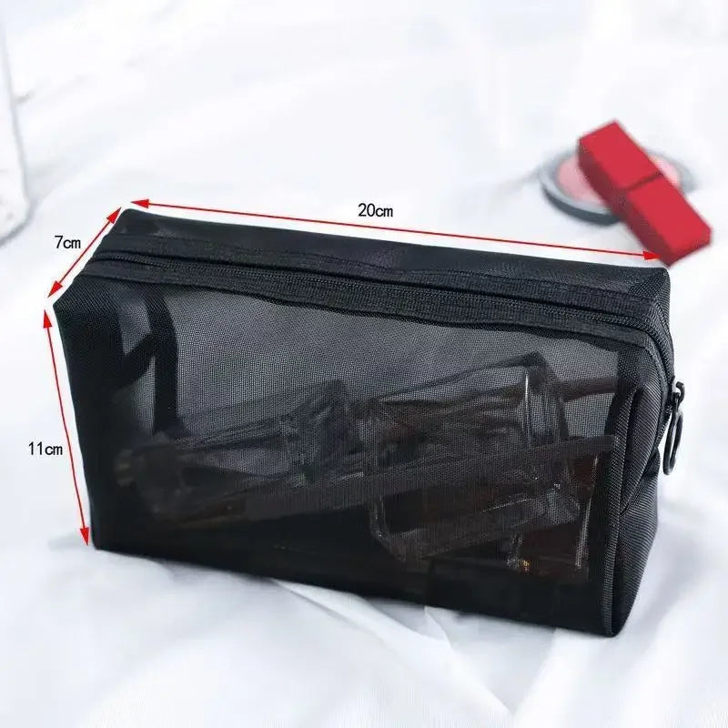 1PC Travel Black Mesh Cosmetic Bag Zipper Makeup Bag For Women Wash Toiletry Bag Makeup Organizer Portable Storage Pouch - Smarsty
