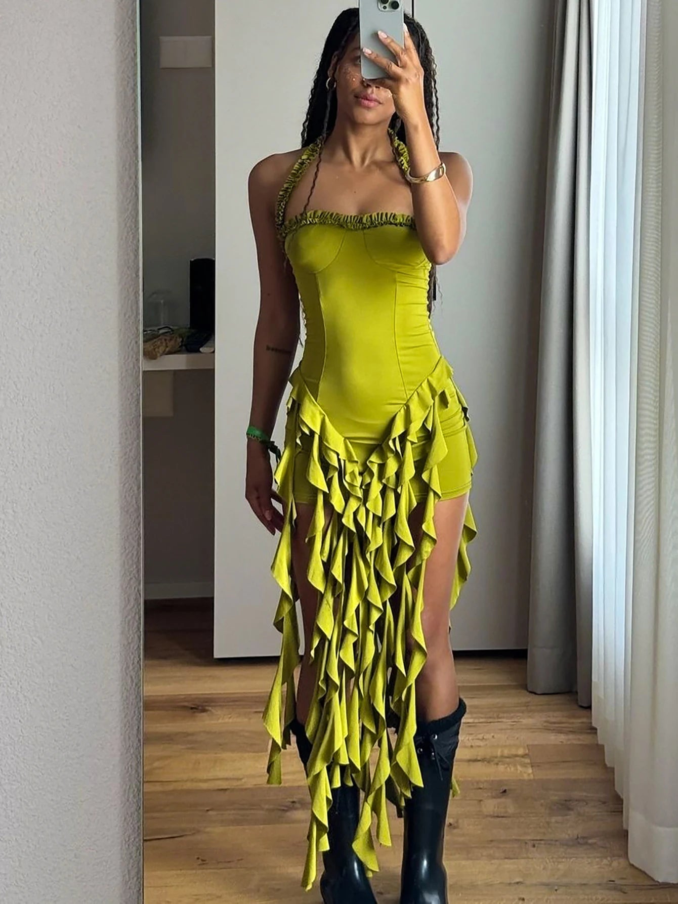 Dulzura Sleeveless Halter Ruffles Patchwork Mini Dress Women’S Solid Sexy Outfit Prom Party Clubwear Autumn Winter Clothes - Smarsty