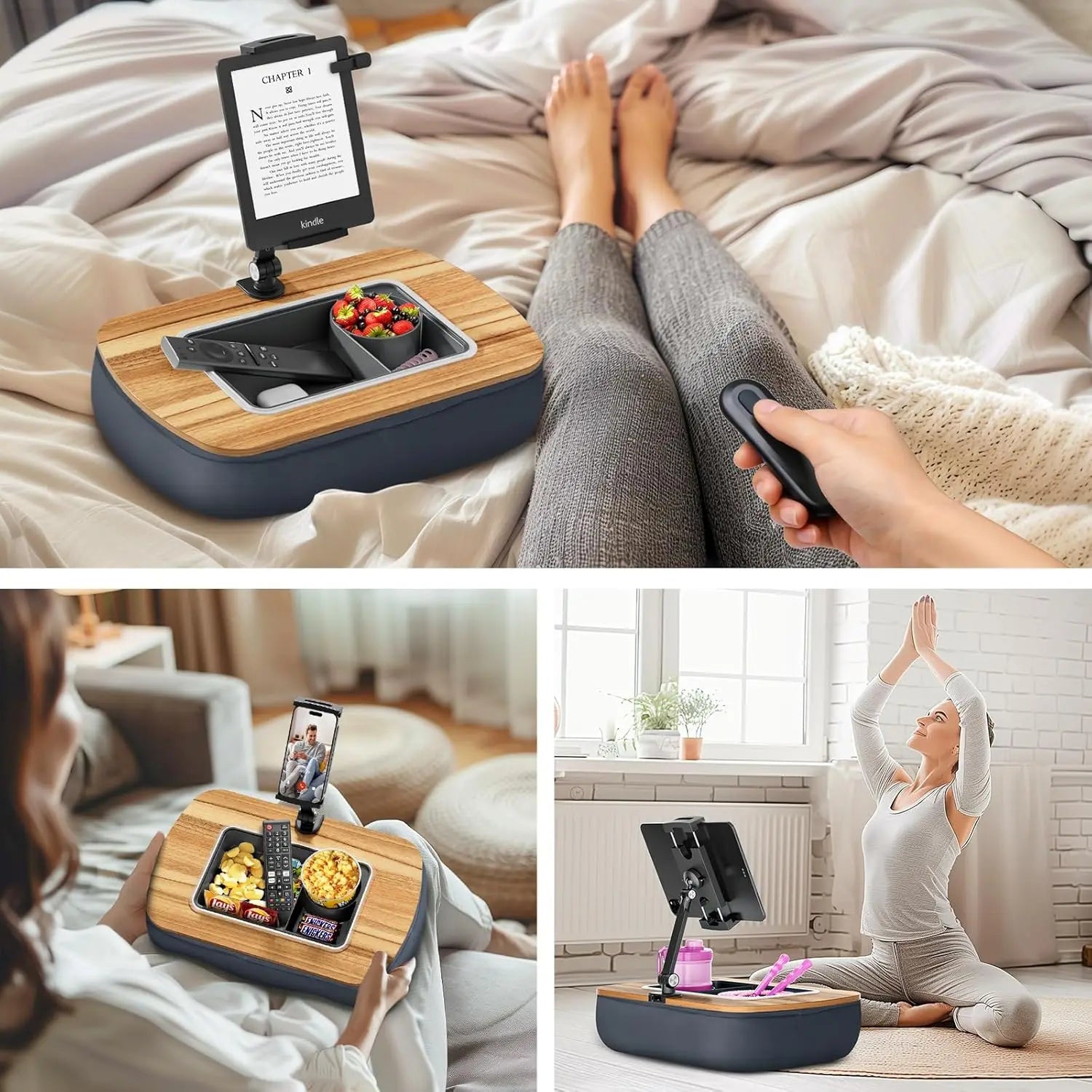 Adjustable Tablet Pillow Stand with Snack Bowl, 360° Rotating Clip for 4.7-13" Devices, Hands-Free Reading on Bed or Couch
