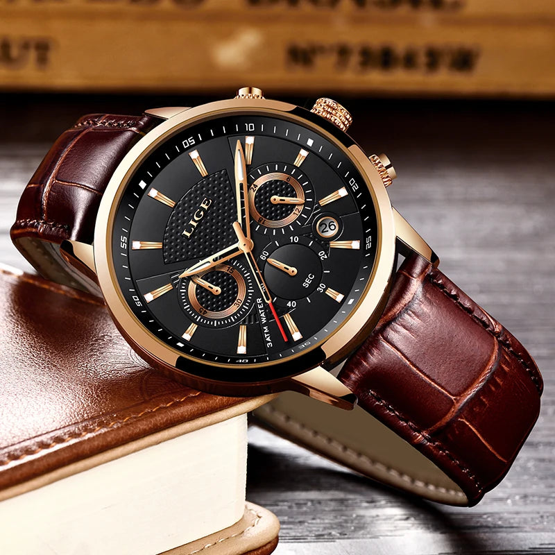 LIGE Luxury Men's Leather Sport Watch with Chronograph - Smarsty