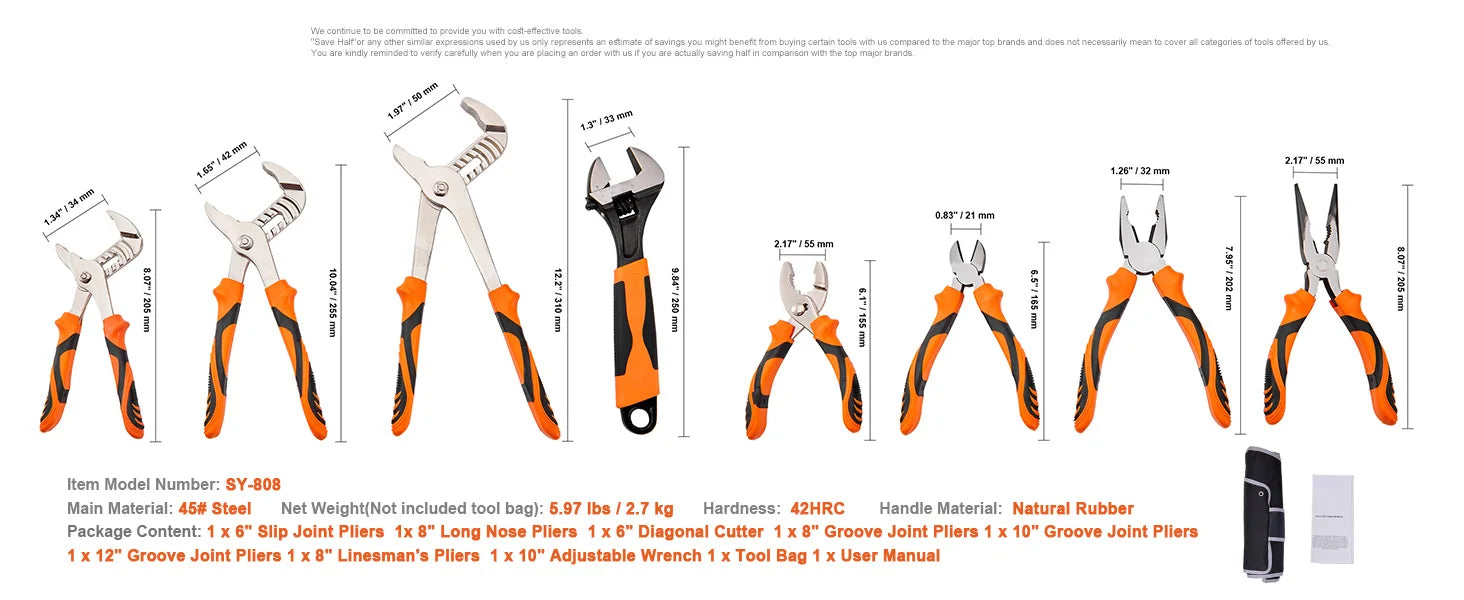 SucceBuy 8-Piece Pliers Set High Carbon Steel 12"/10"/8" Groove Joint Pliers 8" Linesman's Pliers 8" Long Nose Pliers
