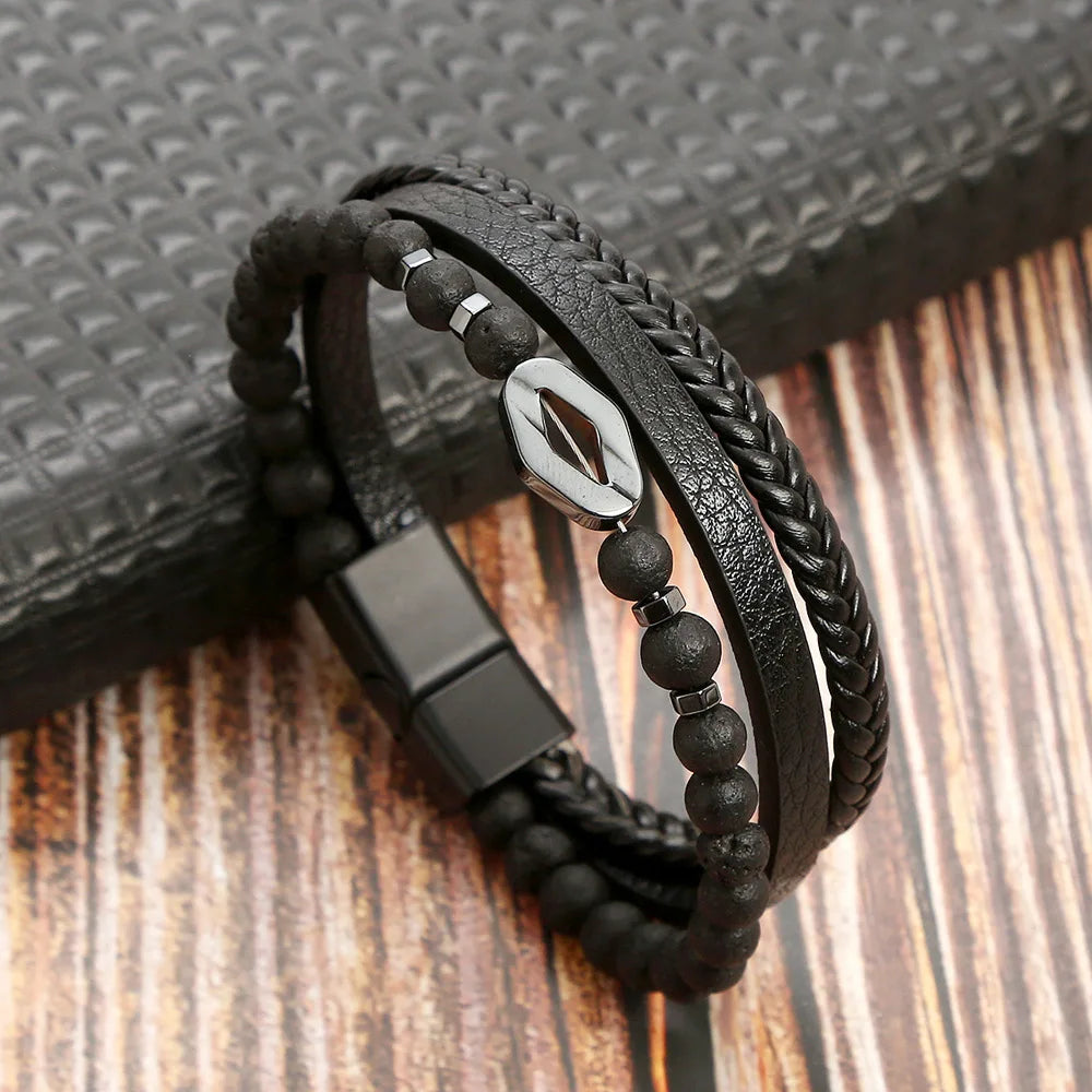 Men Leather Bracelet with Tiger Eye Beads Stylish Gift - Smarsty