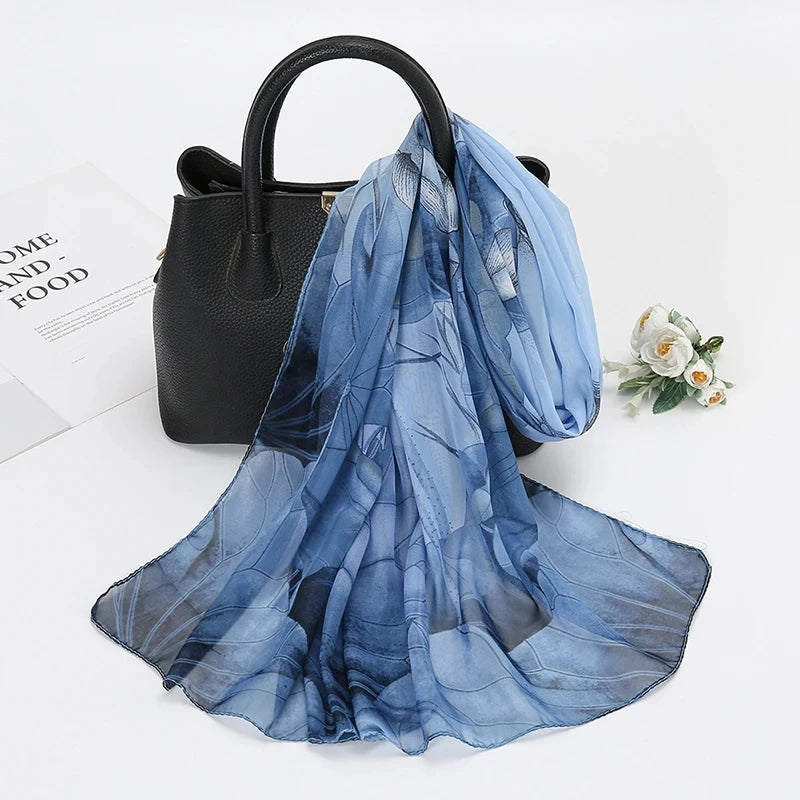 Lightweight Silk Lotus Print Scarf for Women Sun Protection - Smarsty