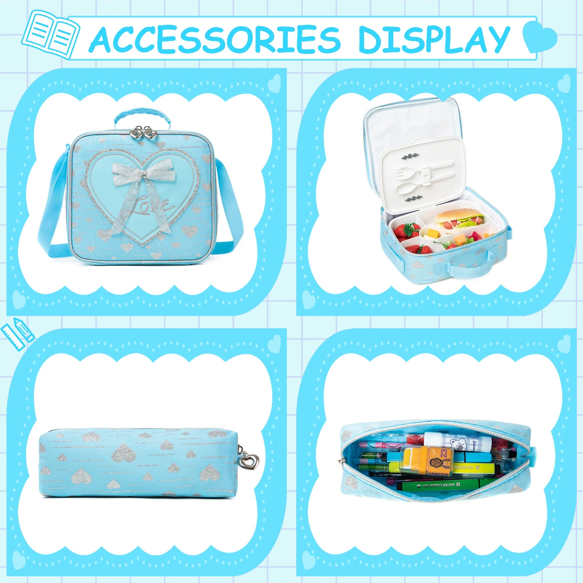 Girls Backpack With Bowknot Ribbon And Lunch Bag Pen Case - Smarsty