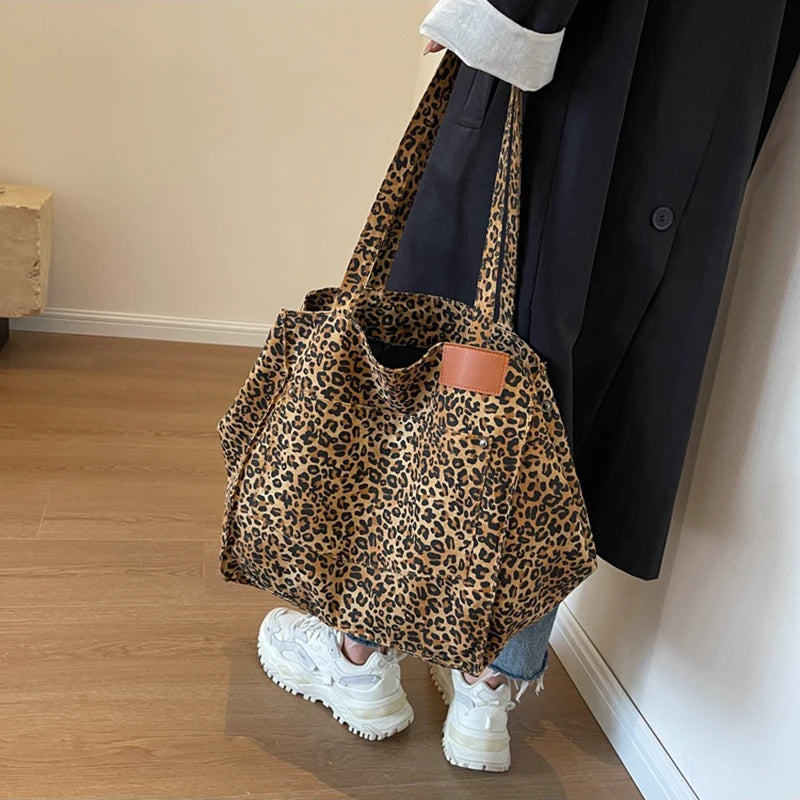 Leopard Pattern Tote Bag Vintage Canvas With Large Capacity - Smarsty