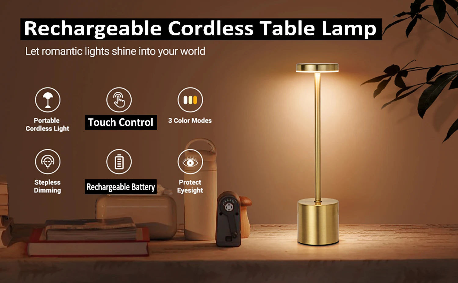 Rechargeable LED Touch Metal Table Lamp with Three Colors - Smarsty