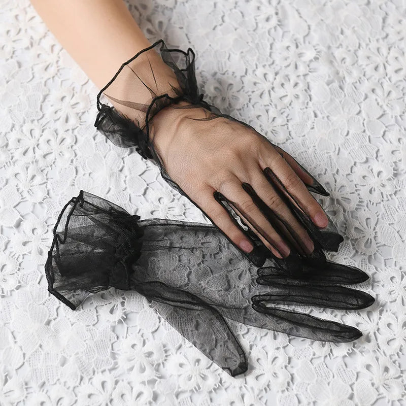 Women Lace Tulle Gloves Stretchy Full Finger Wedding Gloves - Smarsty