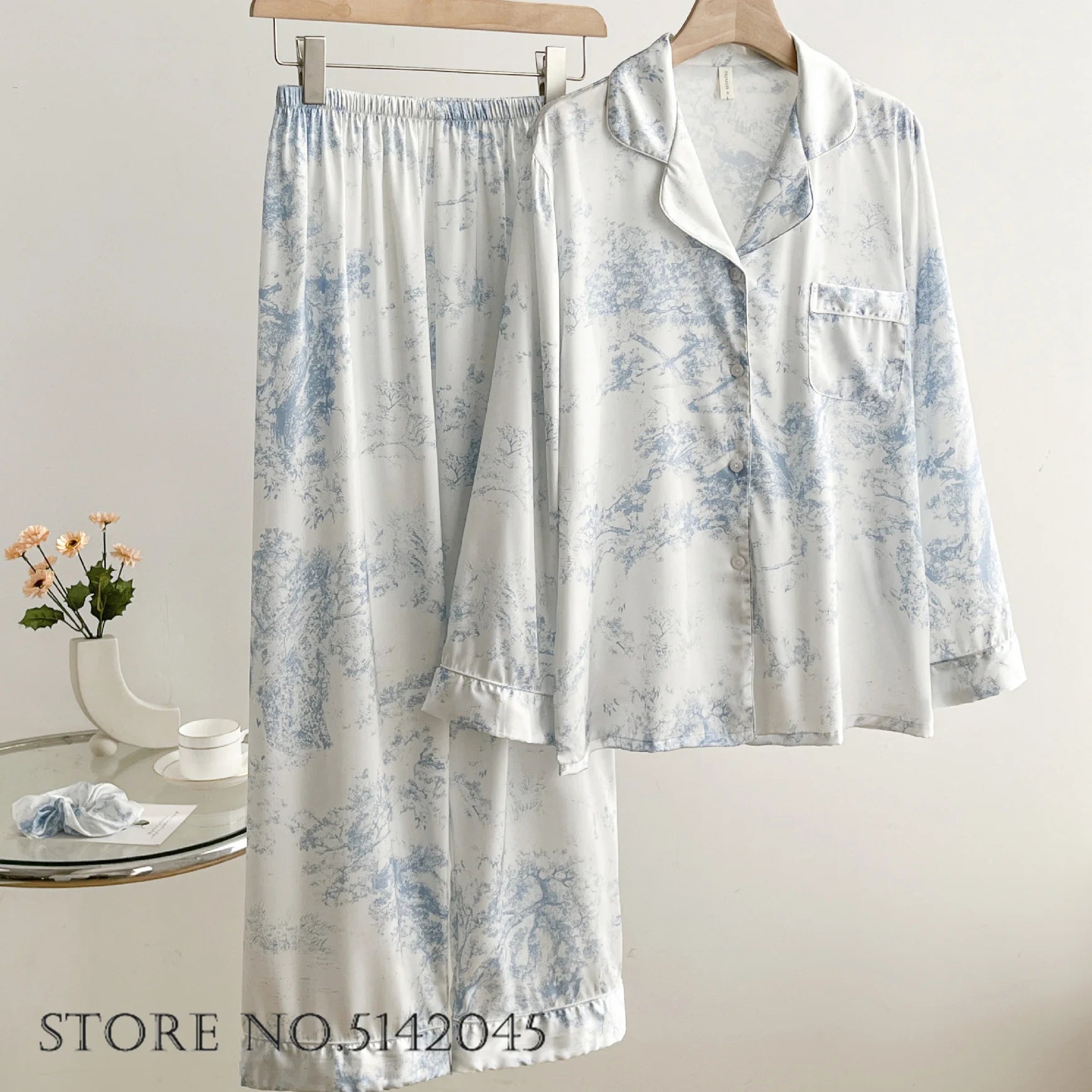 Fashion Print Flower 2PCS Pajamas Set Women Sleepwear Spring Summer Trouser Suits Lounge Wear Loose Satin Homewear Pijamas Suit - Smarsty