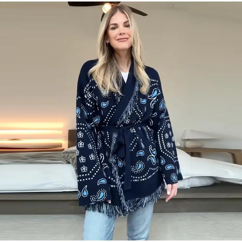 Tassel Patchwork Printed Cardigan Women Geometric Patterns Belts V-neck Long Sleeve Knitted Street Lady Sweater 2025 Autumn Coat - Smarsty
