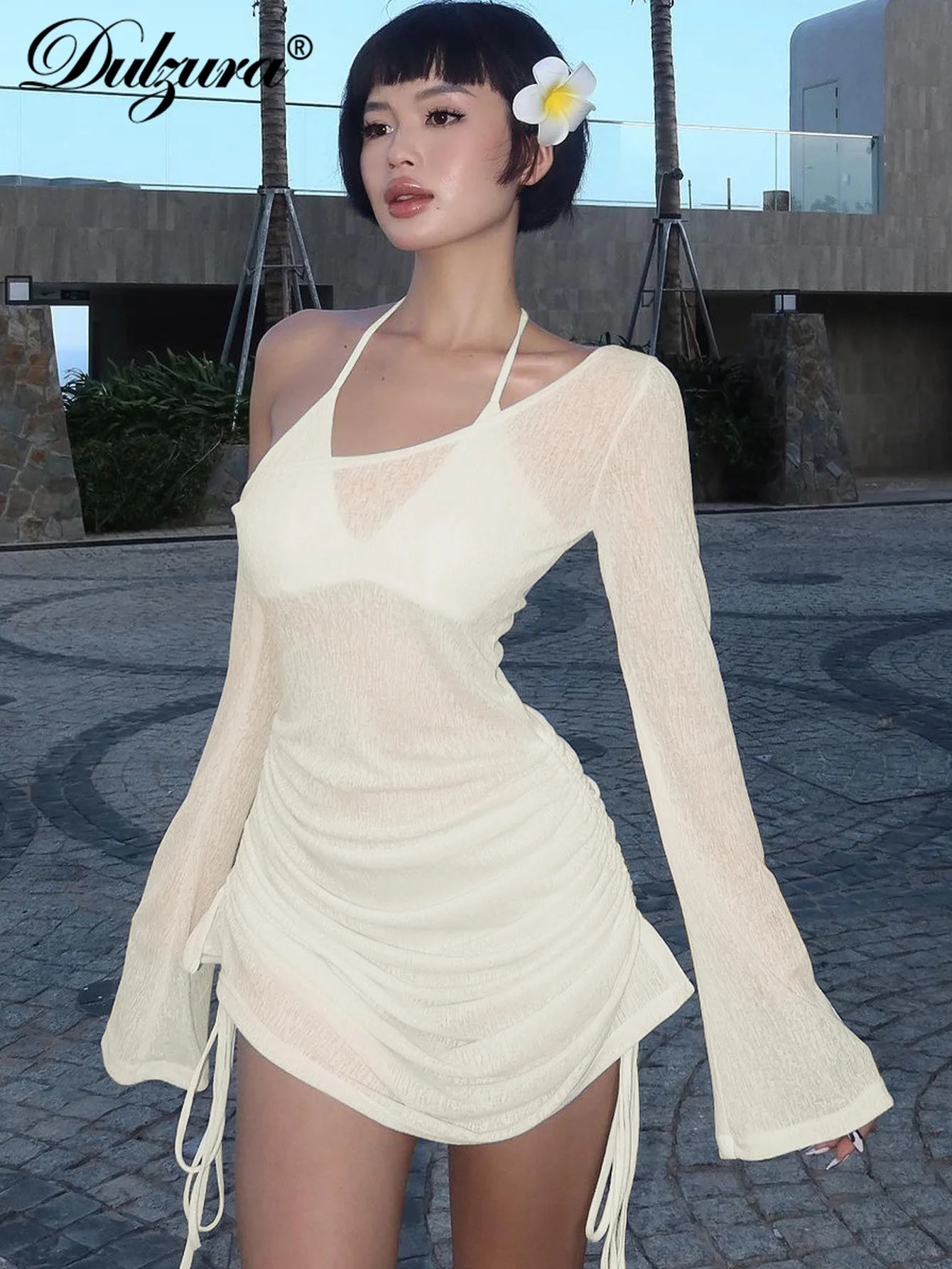 Dulzura Solid Skew Collar Ruched Straps Lace-Up See Through Draw String Mini Dress 2023 Summer Women Party Clubwear Wholesale - Smarsty