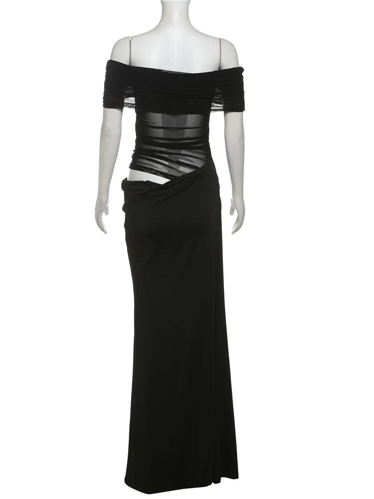 Weird Puss Ruched Irregular Dress Women Mesh Patchwork Slash Neck Short Sleeve Skinny Stretch Trend Elegant Long Bodycon Outfits - Smarsty