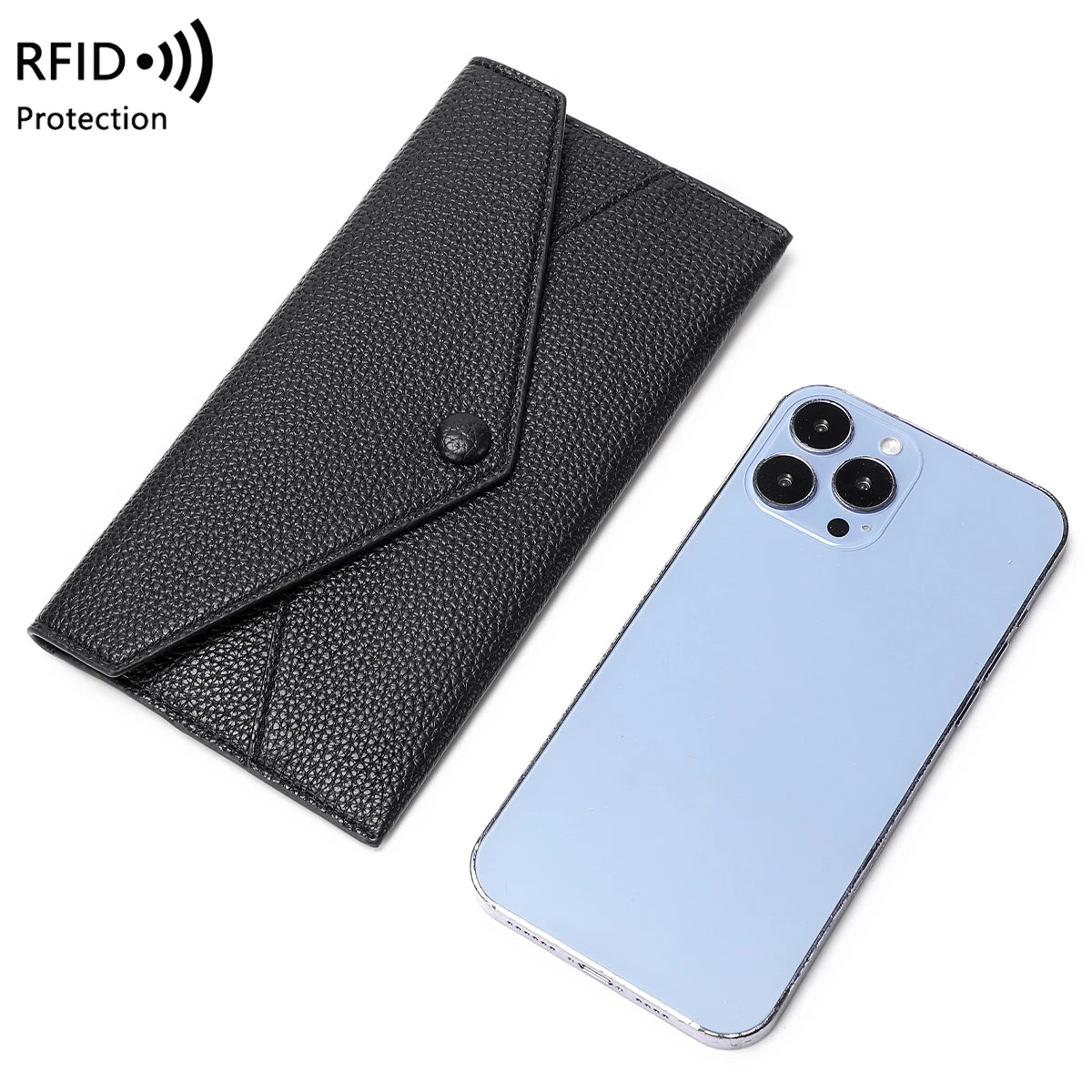 RFID Anti-Theft Purse for Women, Lychee Print, Soft Leather, Envelope Long Wallet, Ultra-thin, Portable, Simple Hand Bag