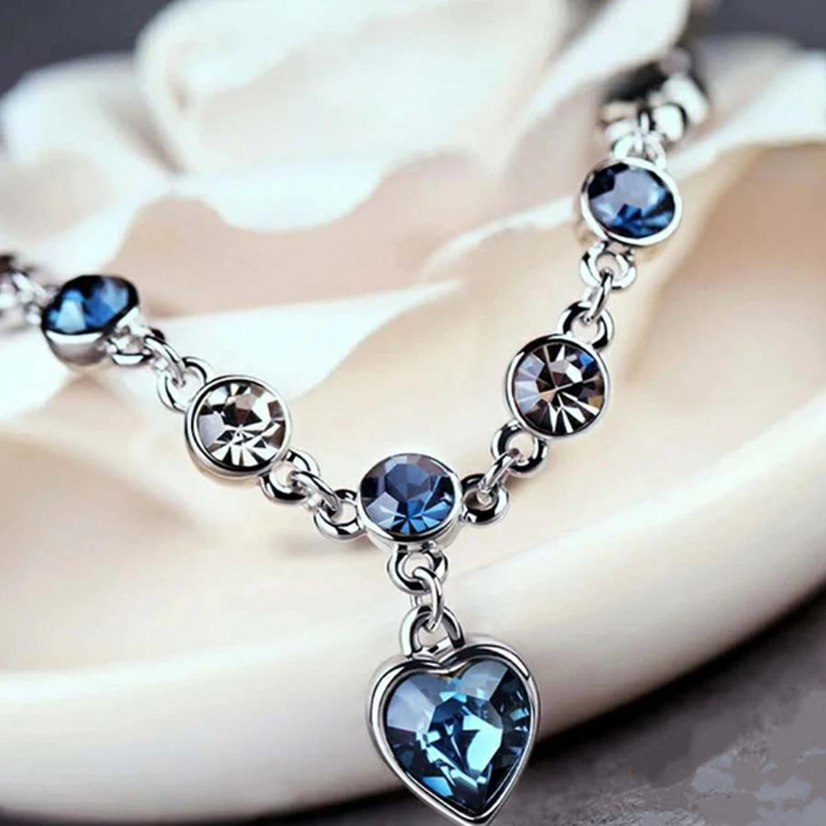 Women Silver Color Lucky Bracelet Female Blue Crystal Heart Charm Pulseras Bracelet Bridal Wedding Engagement Fine Jewelry Gift - Smarsty