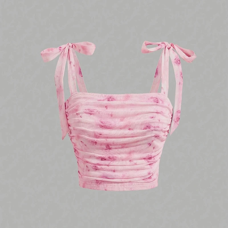 Solid Tie Shoulder Ruched Wide Strap Slim Fit Crop Top Women Clothing Summer 2025 Y2K Clothes Pink Backless Camis Top Streetwear - Smarsty
