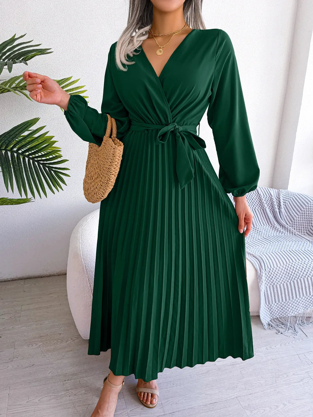 Women Elegant V Neck Long Sleeve Pleated Maxi Dress - Smarsty