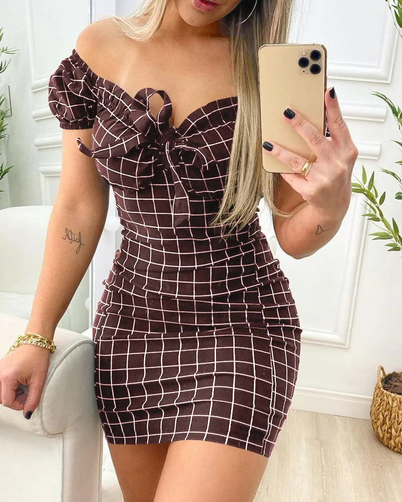 Summer dress sexy package buttocks short skirt of cross border grid print dress - Smarsty