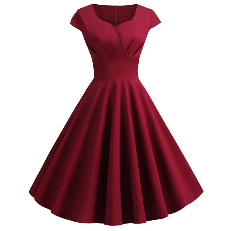 Pink Summer Dress Women V Neck Vintage Robe Elegant Retro pin up Party Office Midi Dresses - Smarsty
