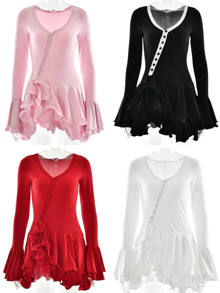 Absobe Women's A-Line Bodycon Mini Dress Ruffle Hem V-Neck Asymmetrical Buttons Long Sleeve Short Dress Party Streetwear Outfits - Smarsty