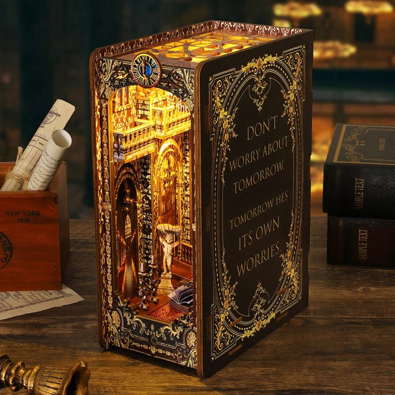 DIY Book Nook Shelf Insert Kit 3D Wooden Puzzle Doll House Assembly Building Model Bookends With Furniture LED Light Xmas Gifts by Smarsty